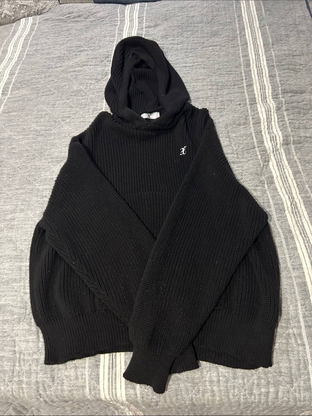 Men's Black Ribbed Knit Hoodie Sweater
